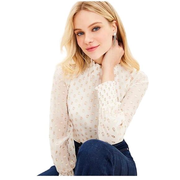 NWT Loft White and Gold Metallic Petite Ruffle Smocked Lined Sheer Blouse-Medium - Picture 3 of 13